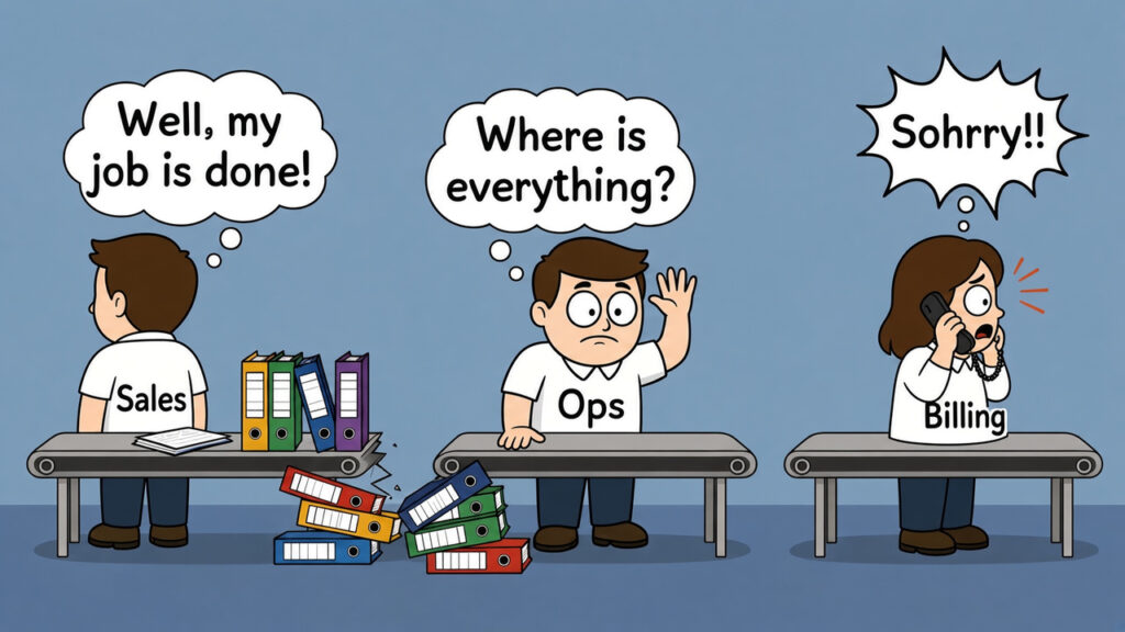 Cartoon about handoffs between departments: boxes and arrows
