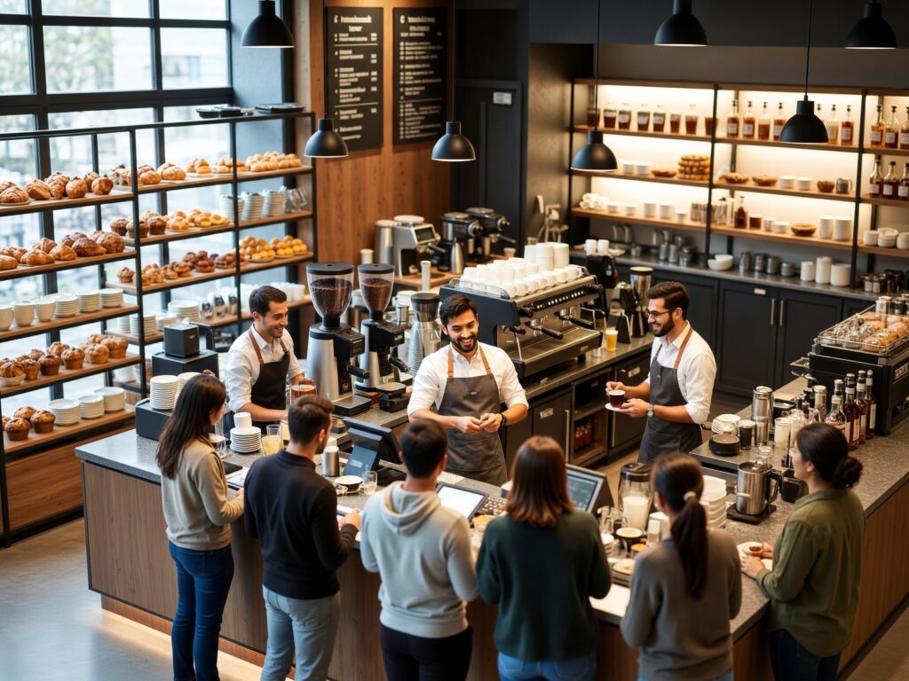 A busy café counter with baristas at work and a customer line