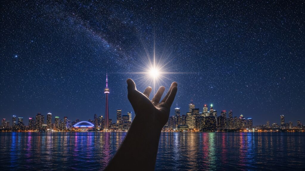 Hand reaching for a bright star above the Toronto skyline at night